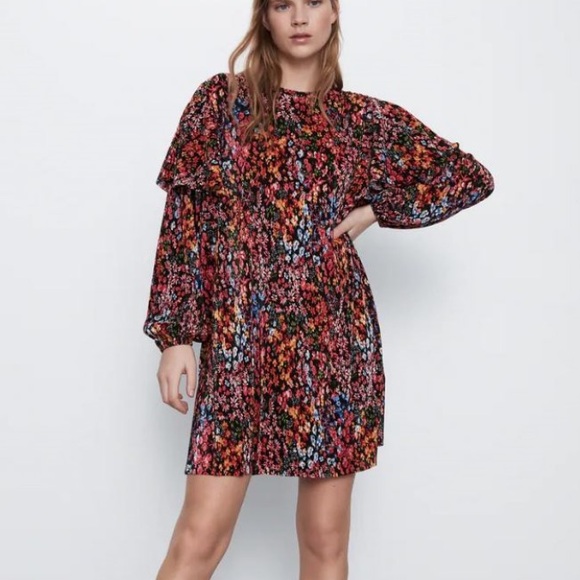 Zara Dresses & Skirts - Zara Micro Pleated Floral Ruffle Long Sleeve Multicolored Mini Dress Size Large